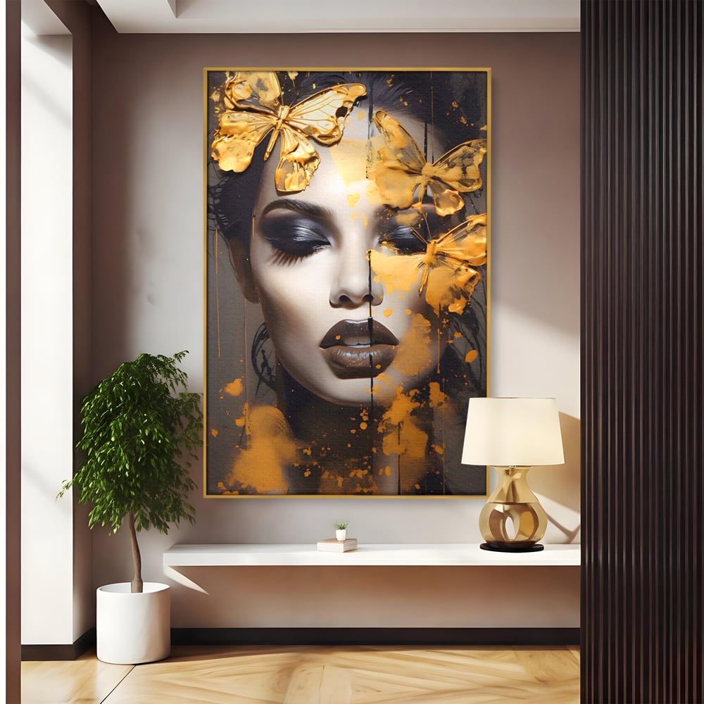 Tablou canvas cu tablou canvas cu portret de femeie si fluturi, in rama de aluminiu auriu
